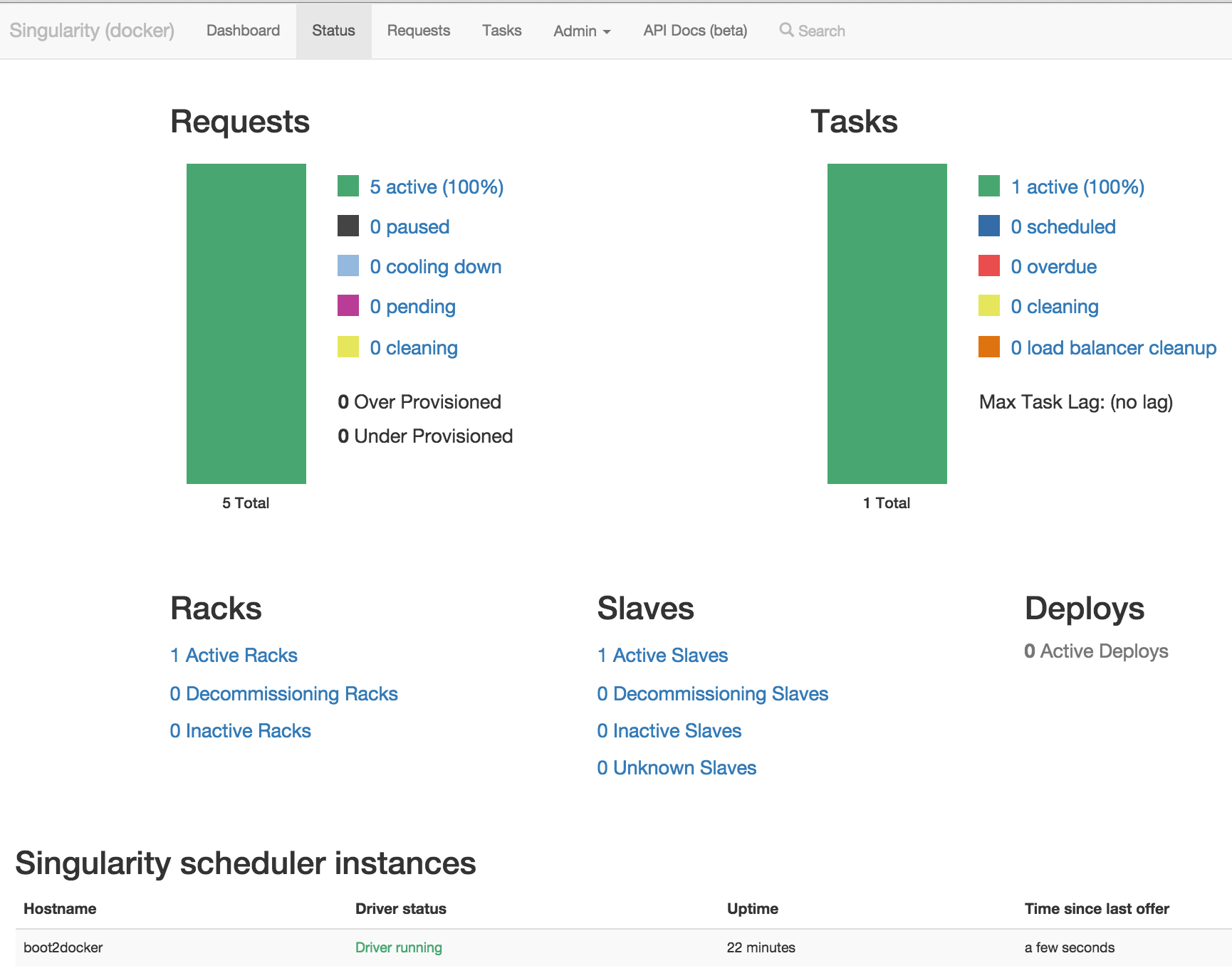 Singularity UI status screen